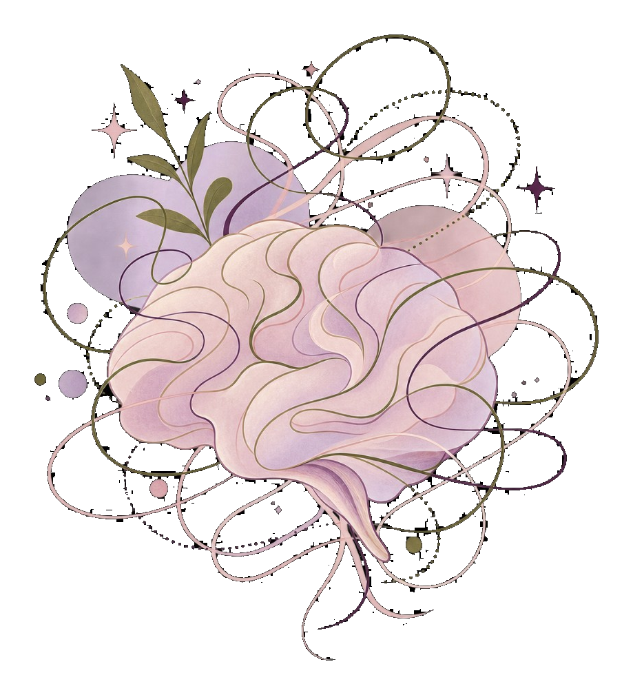 Illustrated brain with flowing lines, a leaf sprig and small sparkles
